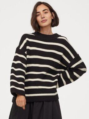 H&M Black Ivory Striped Cotton Chunky Rib Knit Crew Neck Loose Sweater, Size S